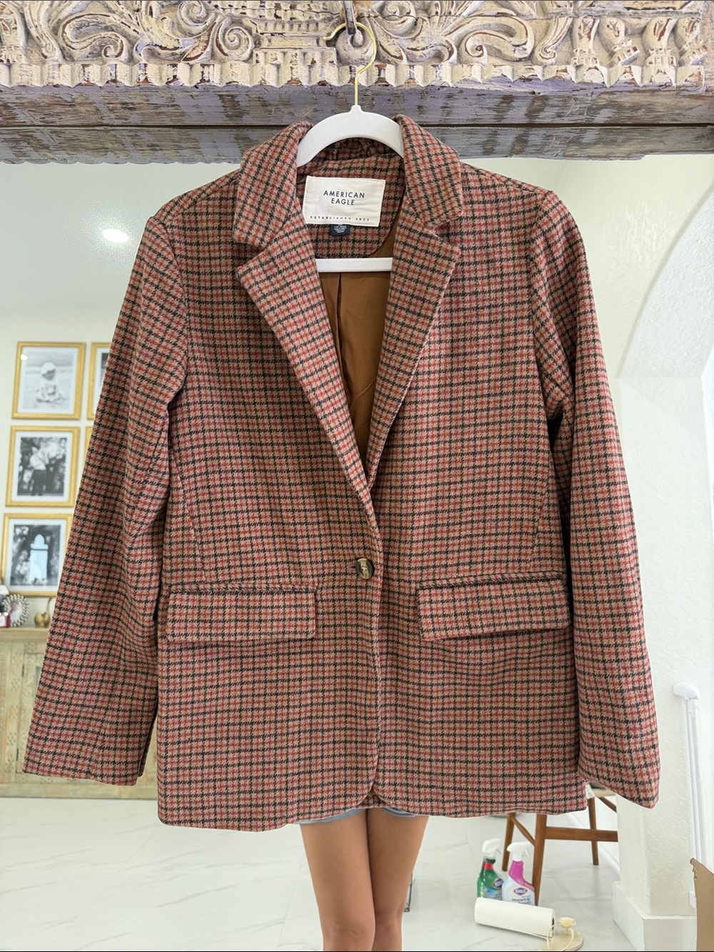 American Eagle Outfitters Women's Plaid Blazer in Rust and Brown